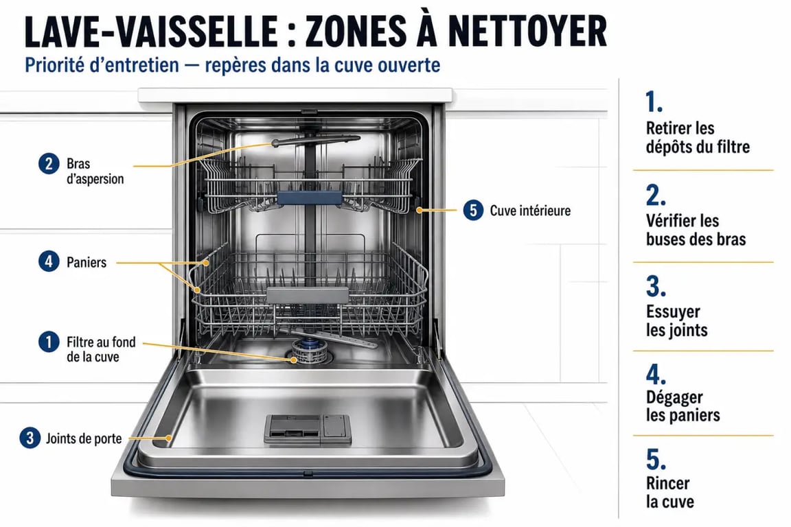 Comment nettoyer le lave vaisselle : schéma des zones à nettoyer dans un lave-vaisselle ouvert