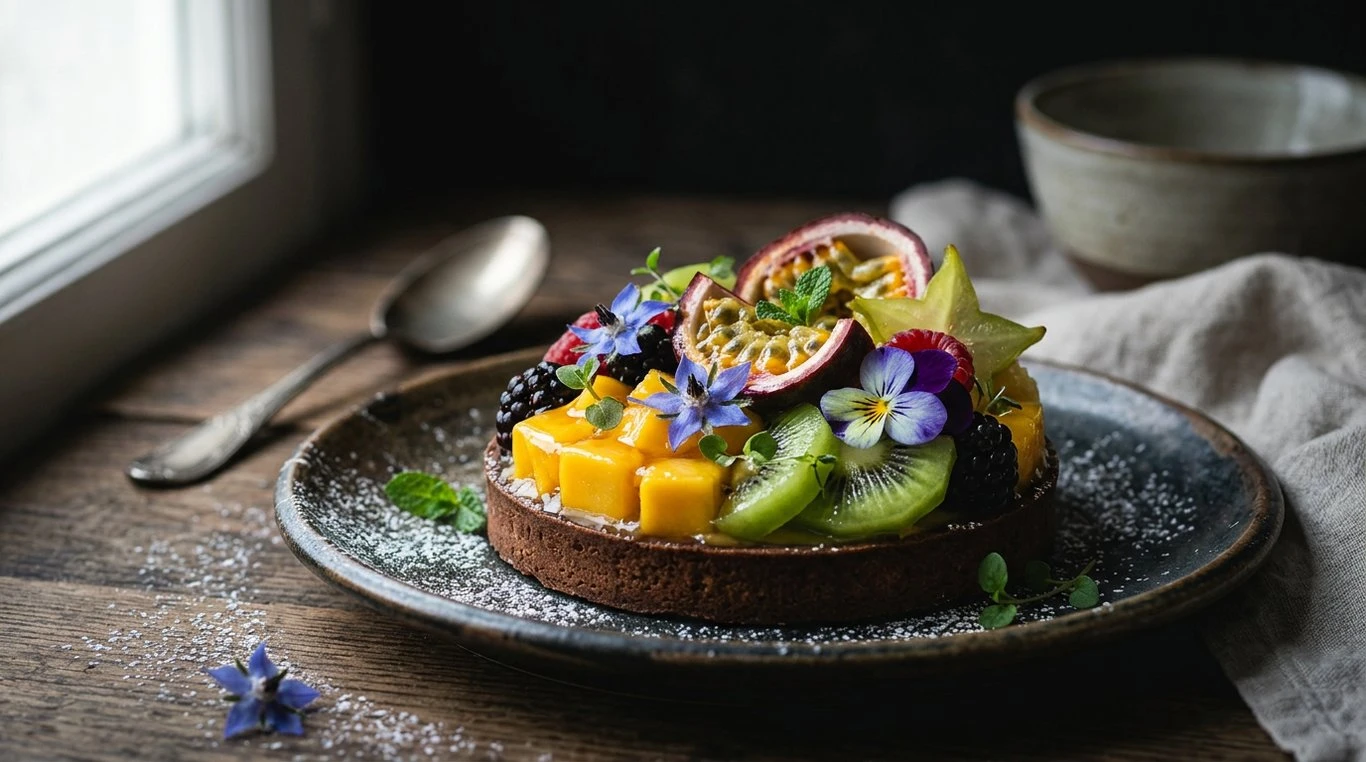 Tartelette aux fruits exotiques avec gelée miroir brillante et décoration florale