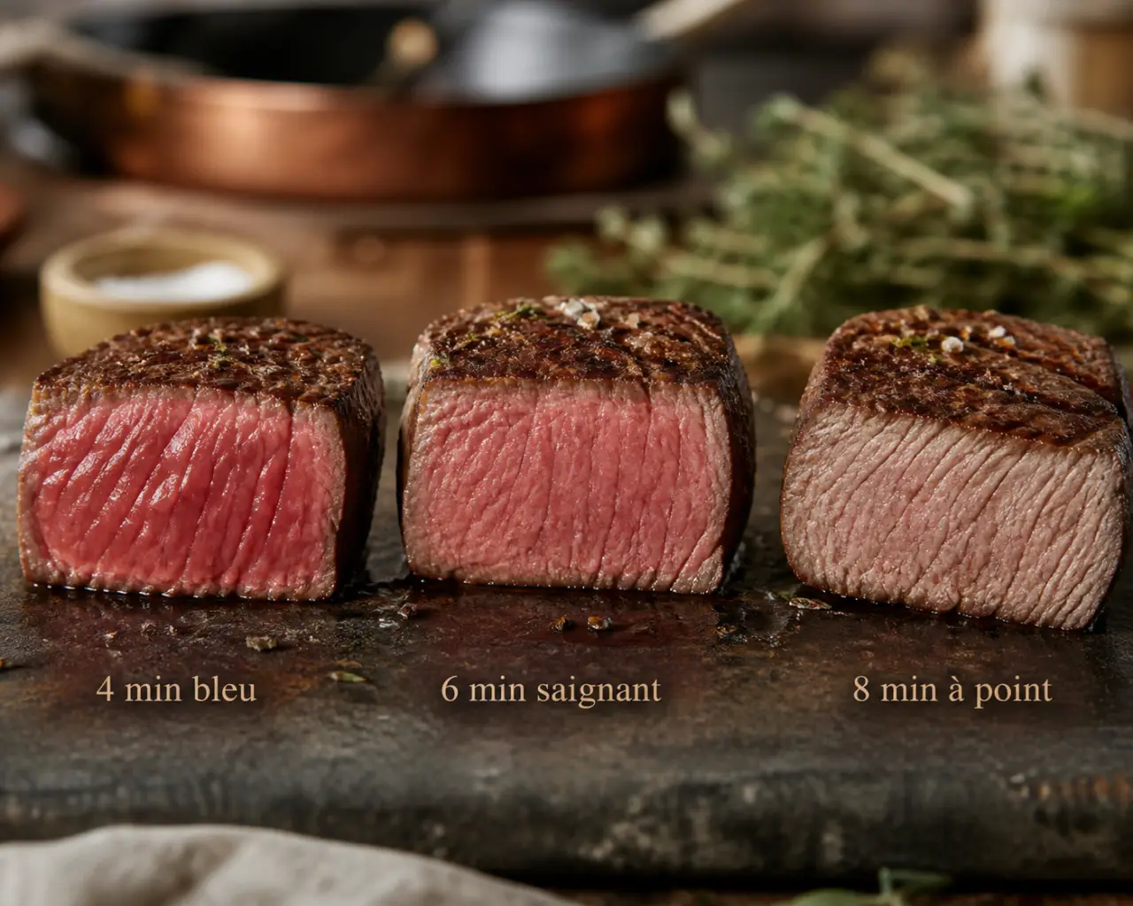 Cuisson des pavés de bœuf : 4 minutes bleu, 6 saignant, 8 à point