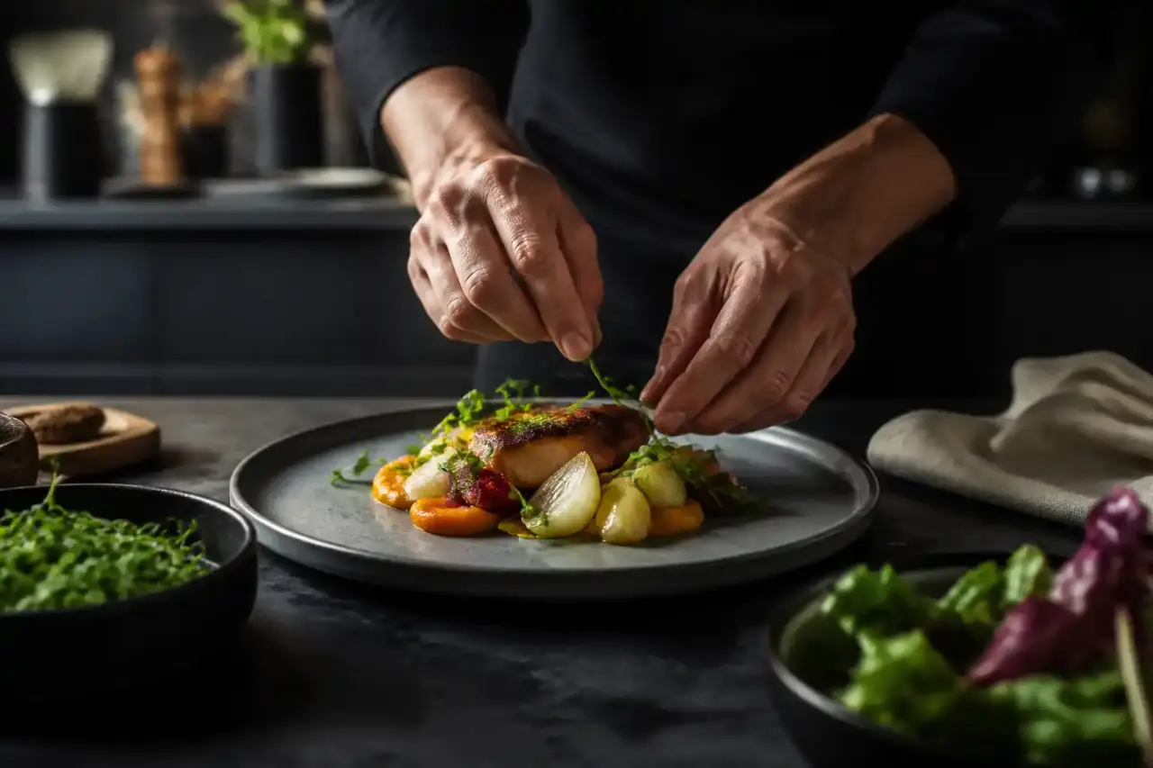 Dressage d'une assiette gastronomique avec une pince de précision