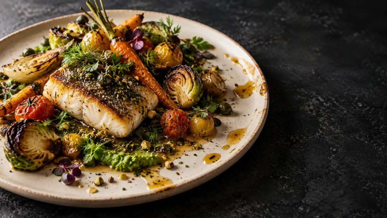 Assiette gastronomique élégamment dressée sur une table sombre