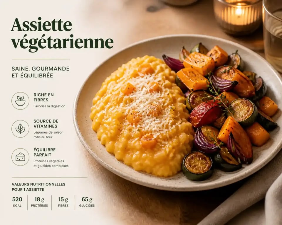 Idées repas végétarien : risotto au butternut et légumes rôtis dans une assiette