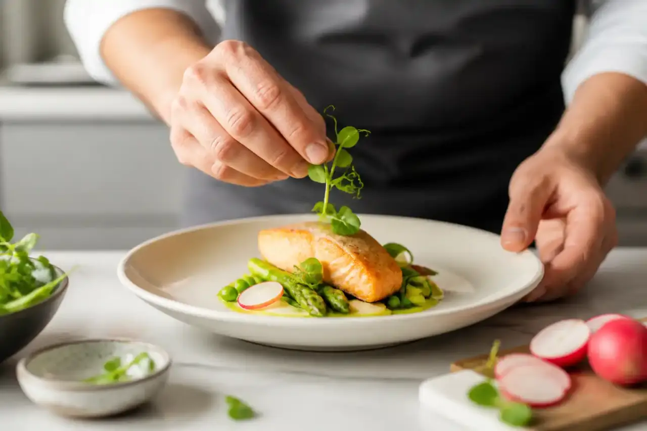Assiette gastronomique dressée avec élégance sur une table sombre