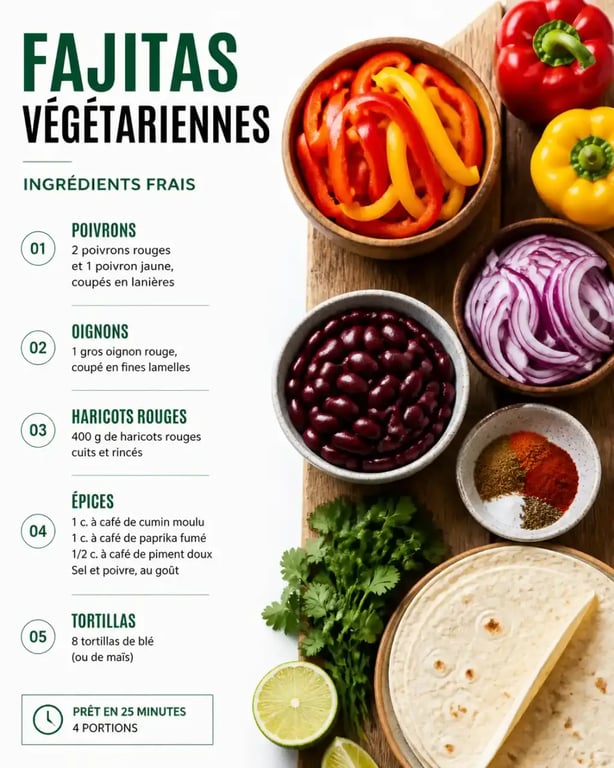 Ingrédients pour préparer des fajitas végétariens.