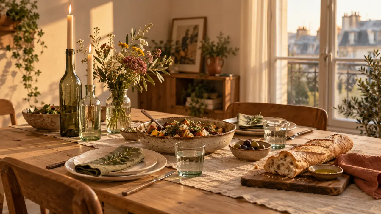 Table élégante dressée avec une vaisselle simple, des fleurs et des détails dorés