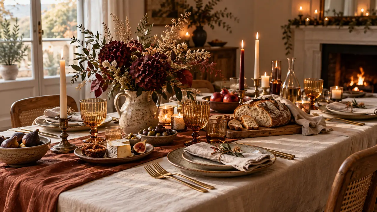 Table de fête élégamment dressée avec vaisselle raffinée, bougies et décoration dorée