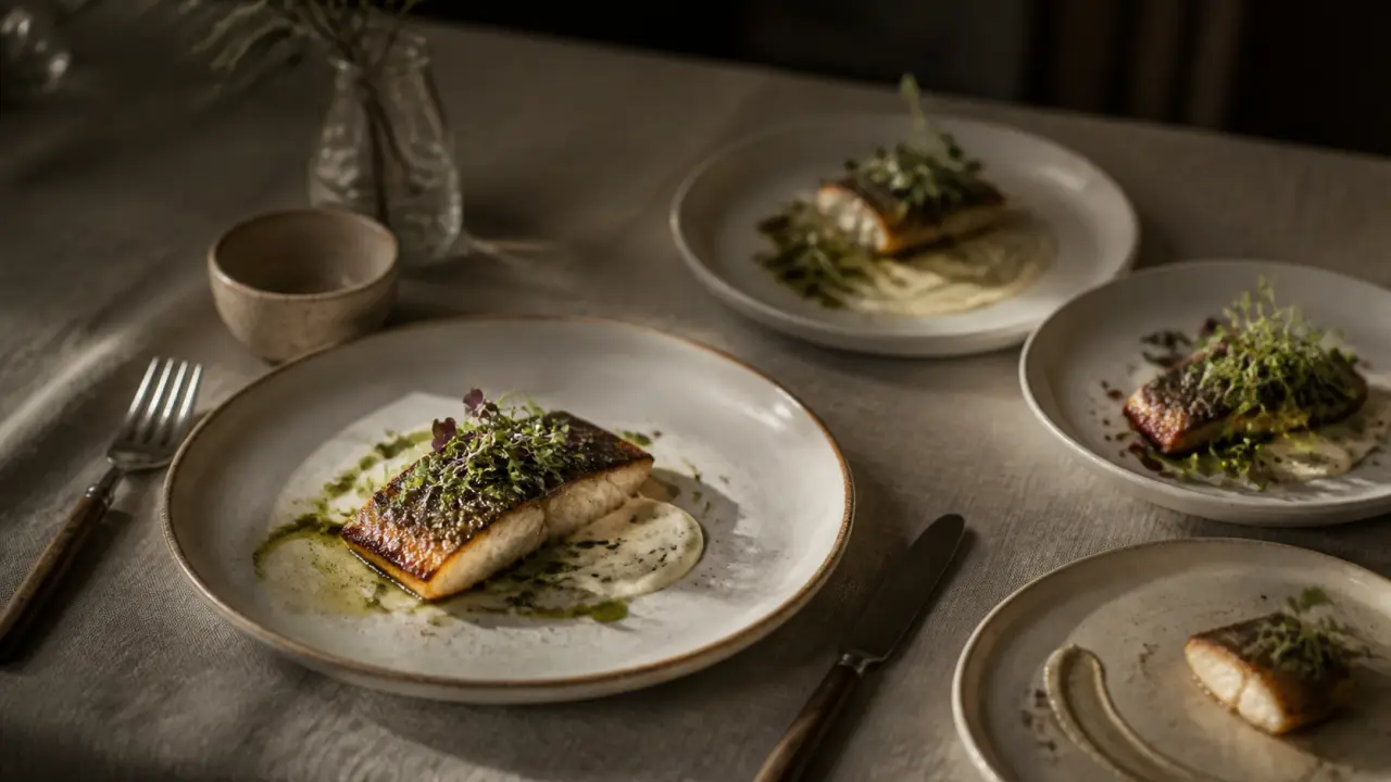 Assiette gastronomique dressée en vue de dessus sur une table sombre, éclairage dramatique et couleurs vibrantes