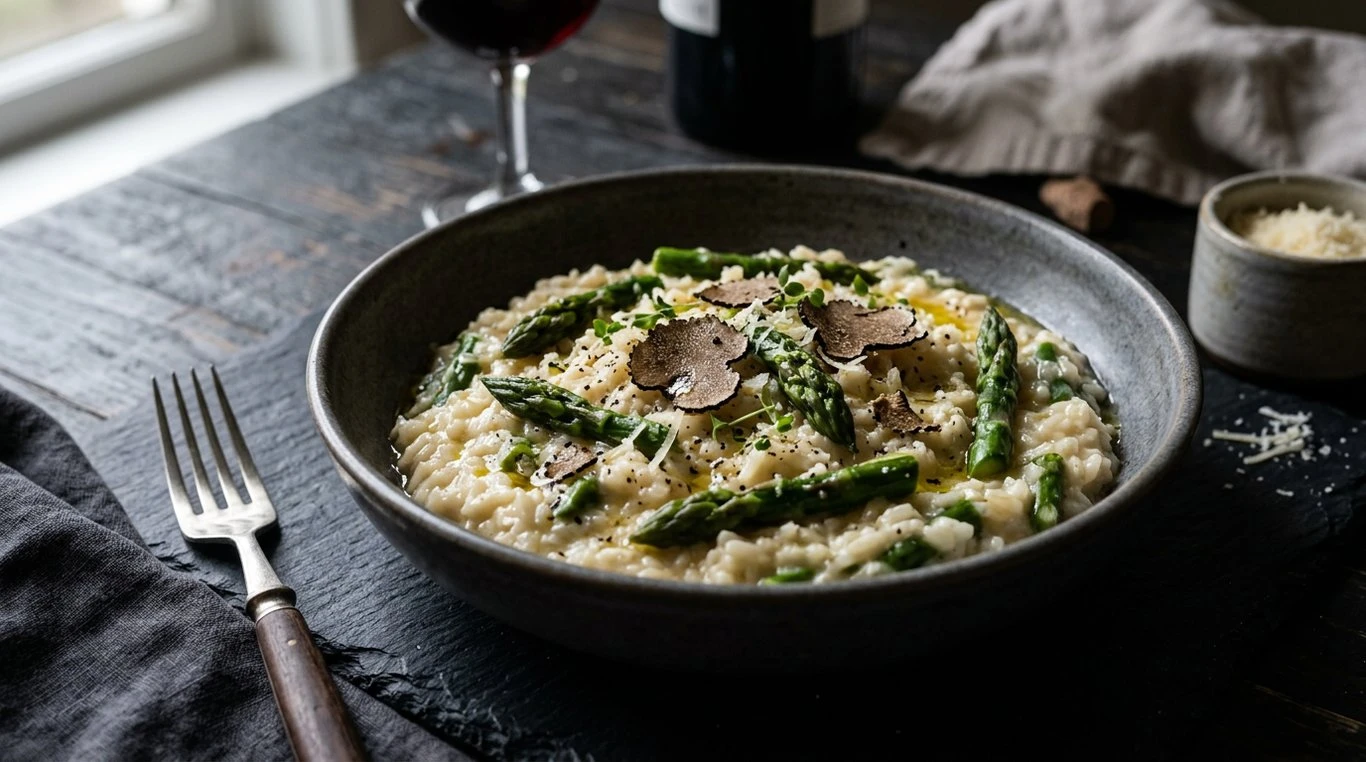 Risotto crémeux au parmesan, asperges vertes et éclats de truffe noire