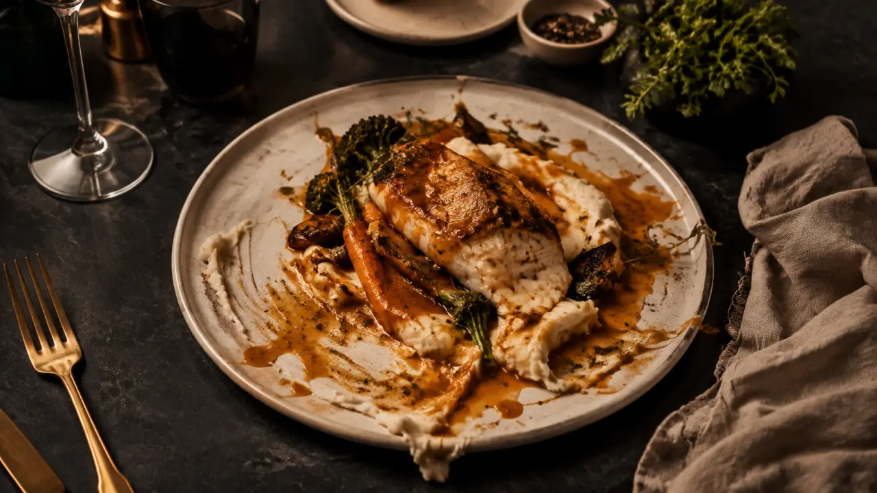 Assiette gastronomique élégamment dressée sur une table sombre