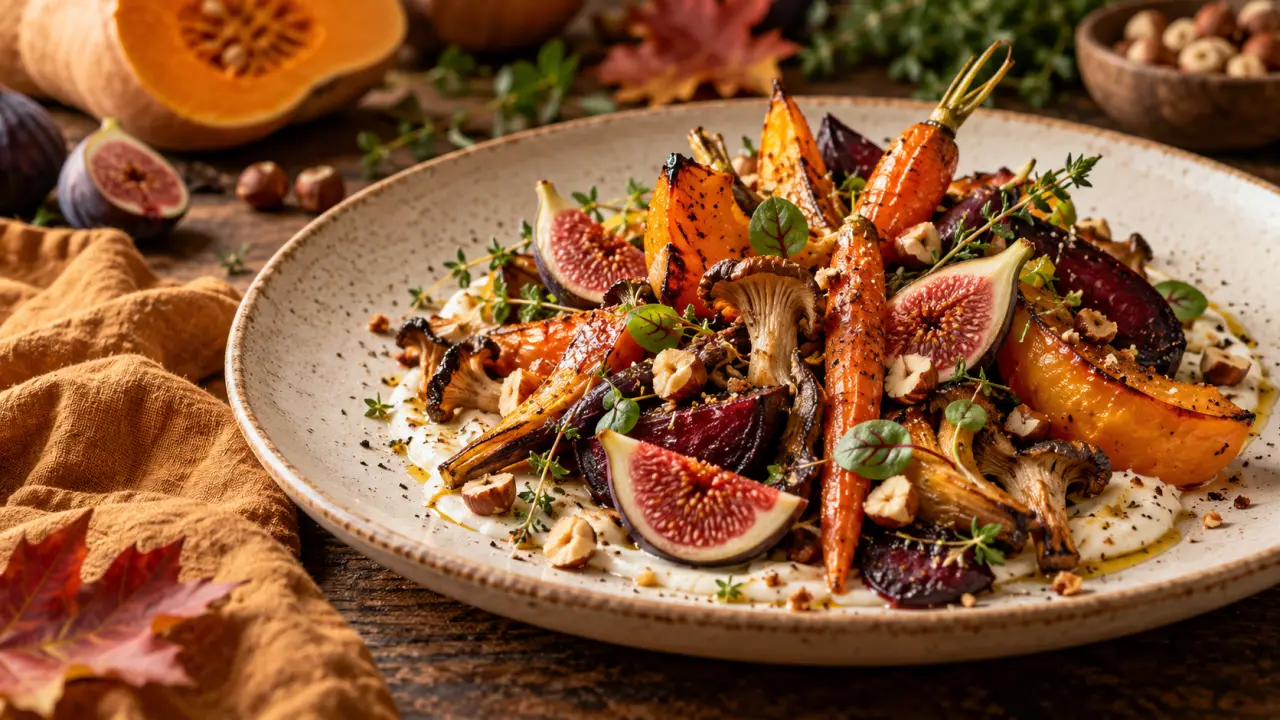 Assiette d’automne colorée composée de légumes de saison et d'herbes fraîches