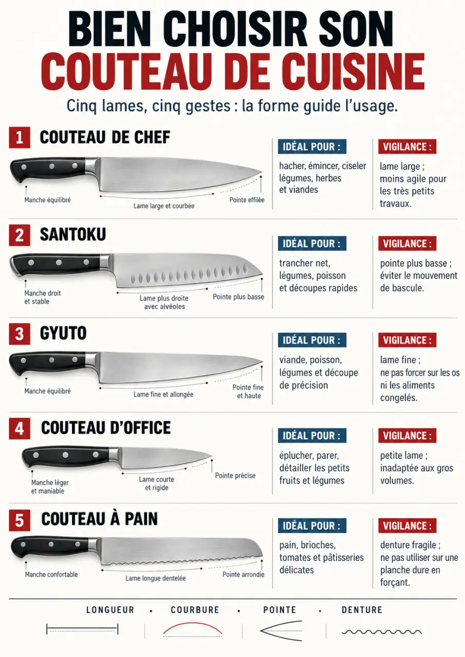 Infographie des meilleurs couteaux de cuisine selon les usages et les profils de lame