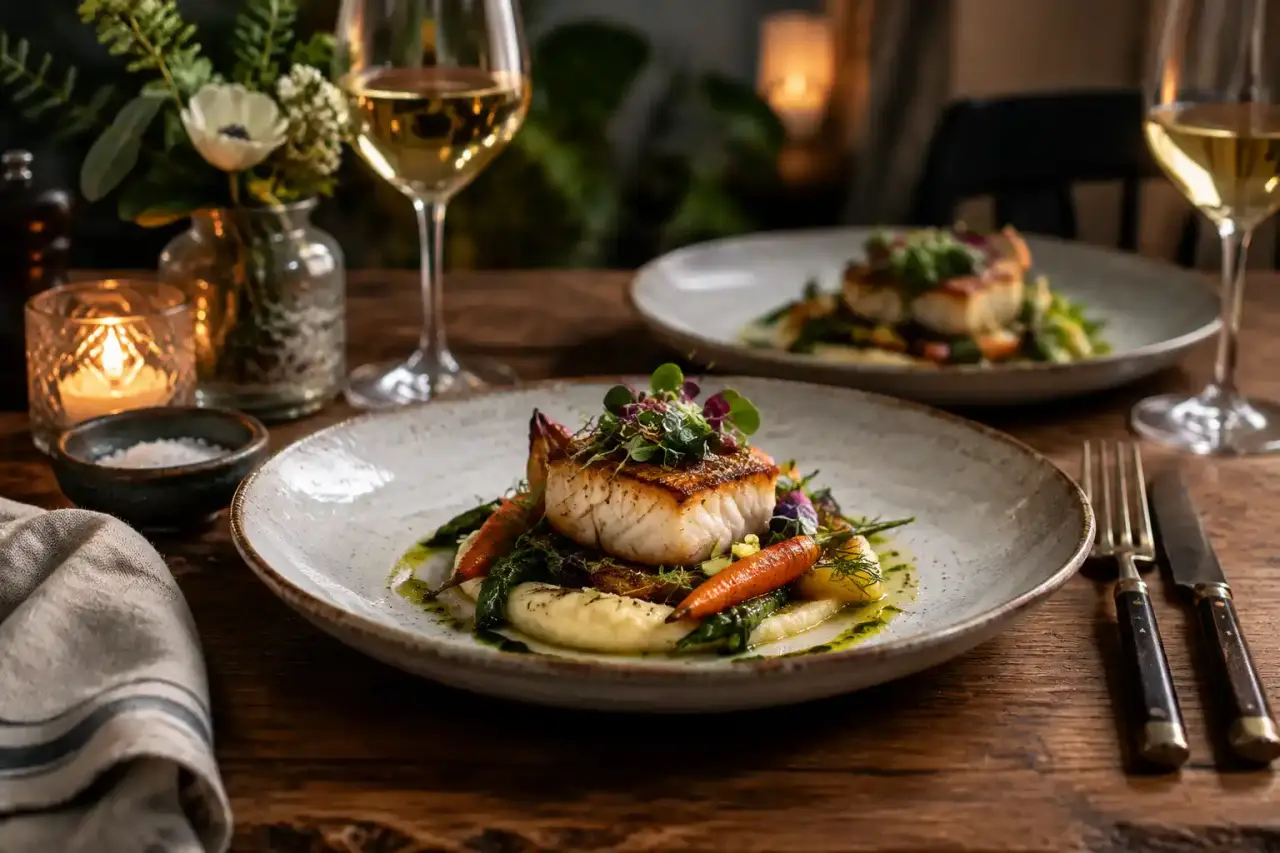 Assiette gastronomique soigneusement dressée comme au restaurant
