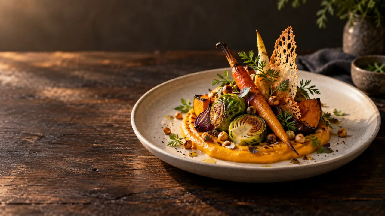 Assiette gastronomique colorée soigneusement dressée sur une table sombre