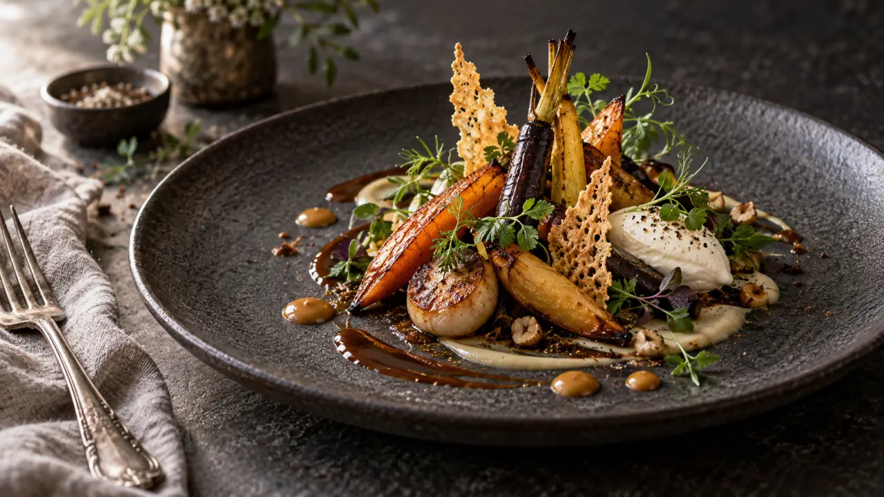 Assiette gastronomique colorée avec plusieurs textures et des éléments dressés en hauteur