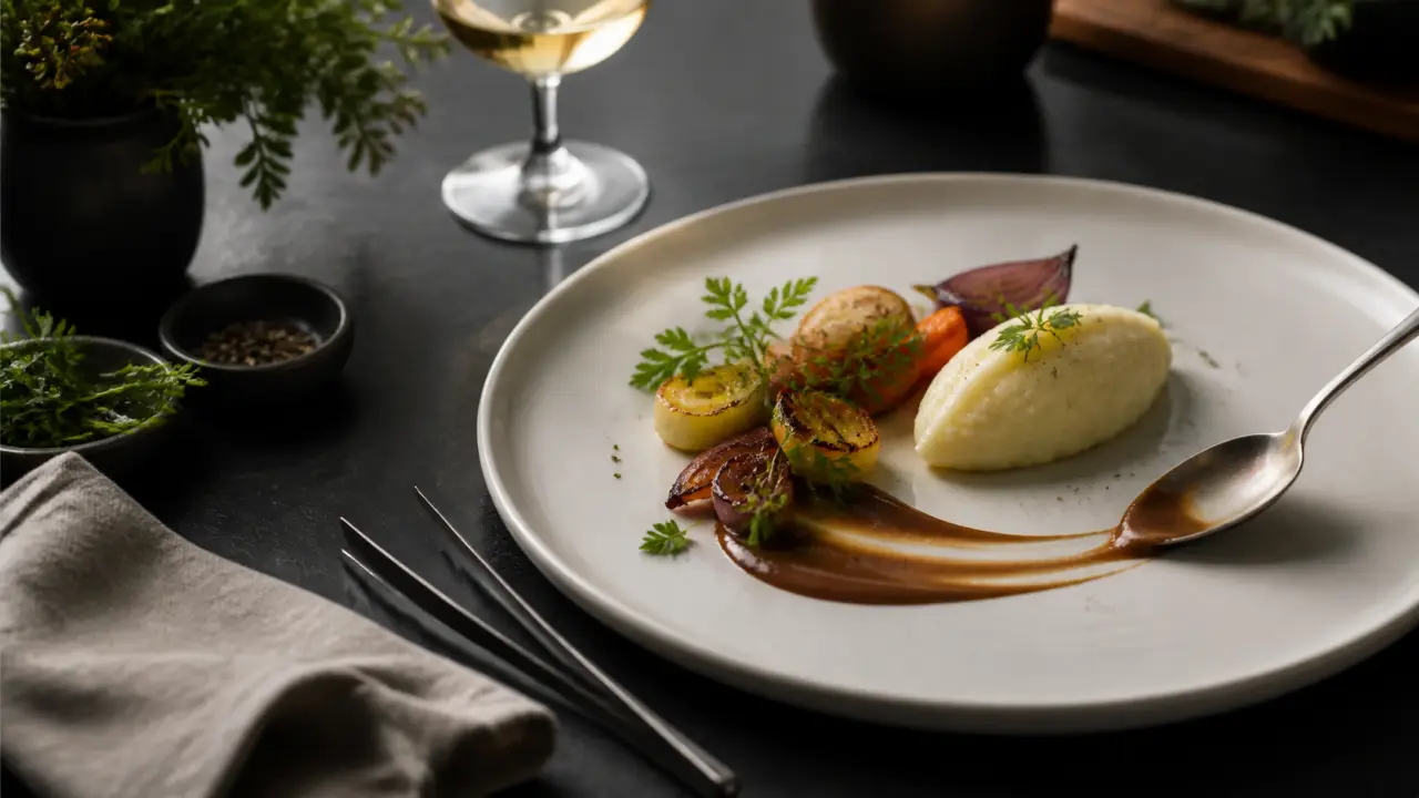 Assiette gastronomique dressée avec élégance sur une table sombre