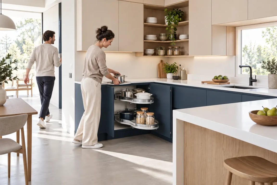 Aménager un angle perdu dans une cuisine avec des rangements pivotants