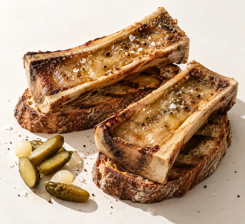 Cuisson d'un os à moelle au four, servi fondant sur du pain grillé