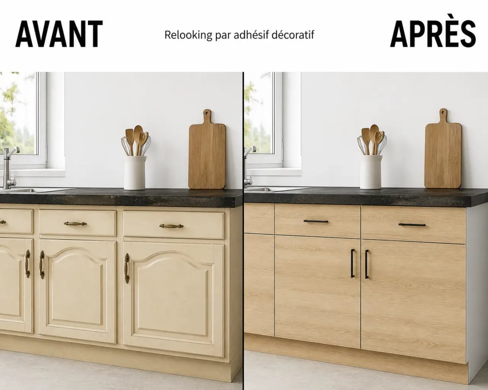 Relooker meuble cuisine avec adhesif : avant/après d’un meuble de cuisine modernisé avec film adhésif décoratif