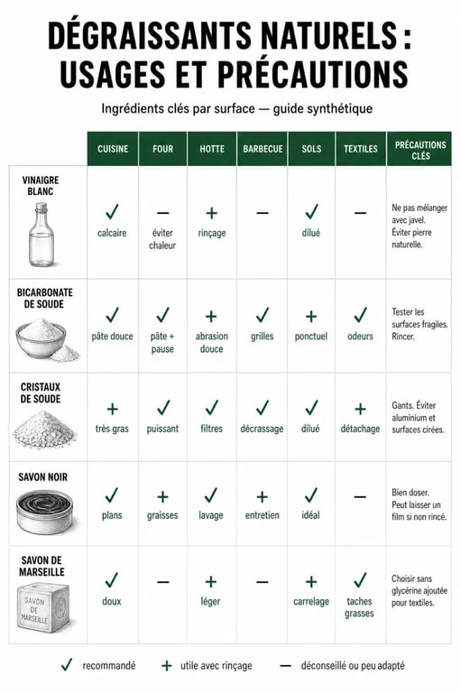 Dégraissant naturel : infographie des ingrédients efficaces et des surfaces compatibles