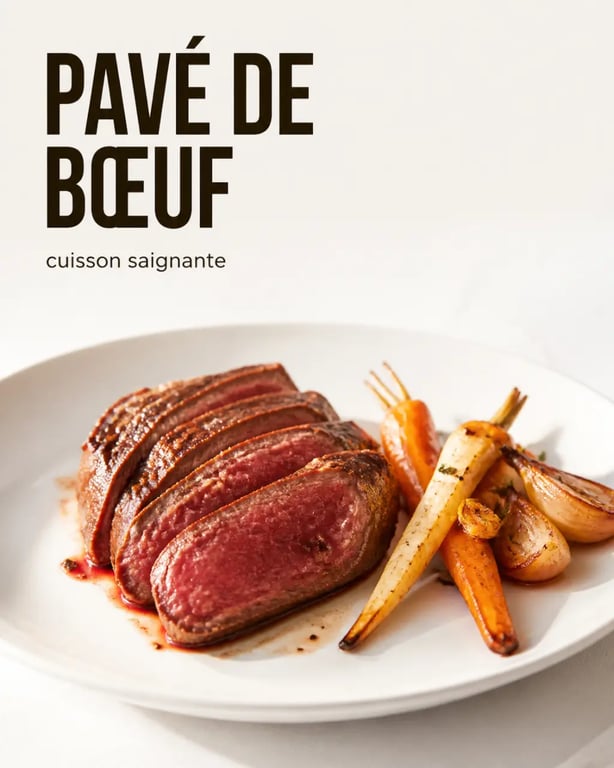 Cuisson pavés de boeuf saignants servis sur assiette avec légumes rôtis