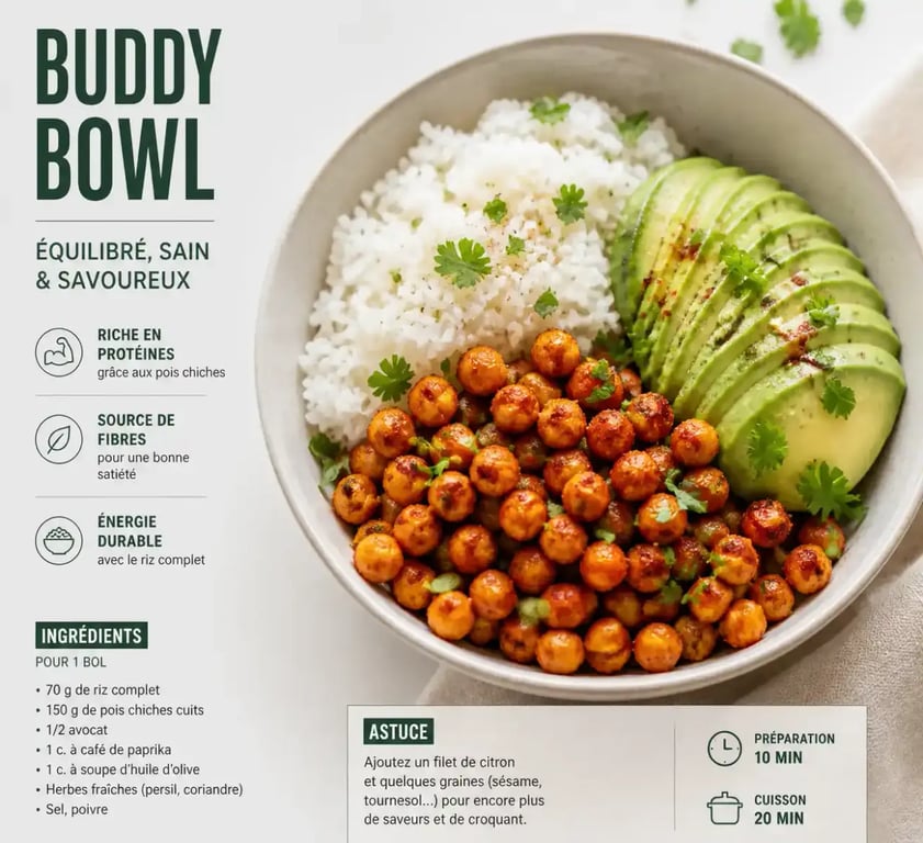Idées repas végétarien rapide : bol de riz, avocat et pois chiches rôtis