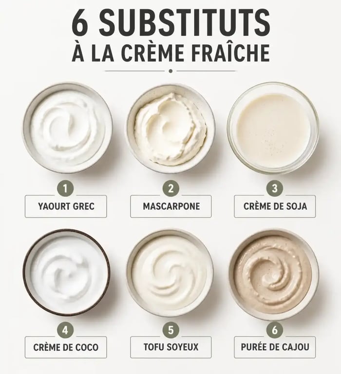Substituts pour remplacer la crème fraîche présentés côte à côte : yaourt, mascarpone, crème de soja, crème de coco, tofu soyeux et purée de cajou