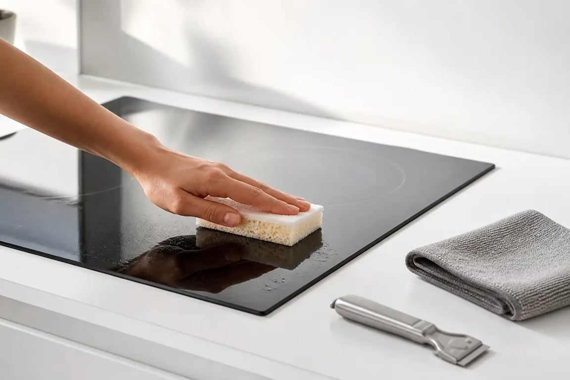 Plaques vitrocéramiques nettoyage avec éponge douce, microfibre et grattoir sur plaque refroidie