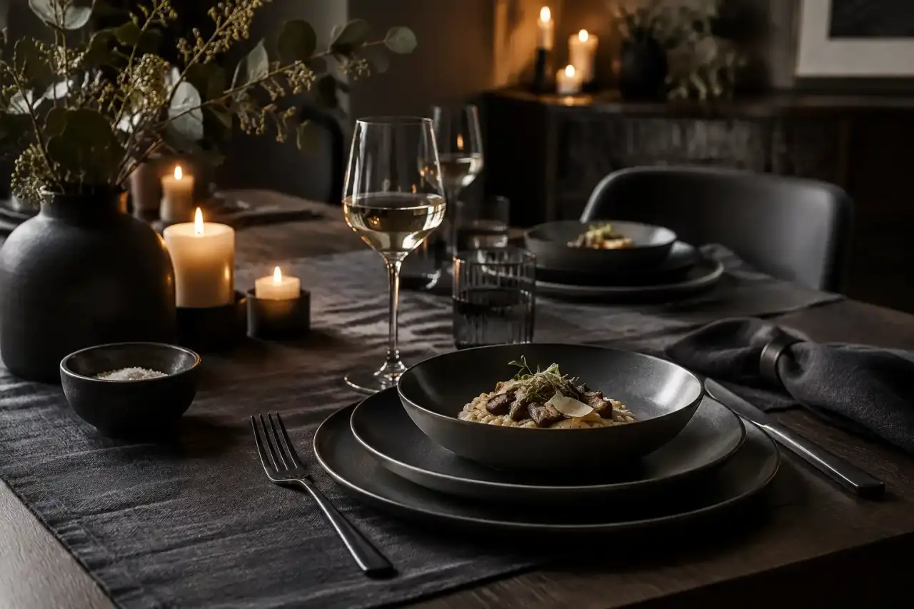 Assiette familiale dressée dans une harmonie de couleurs monochromes