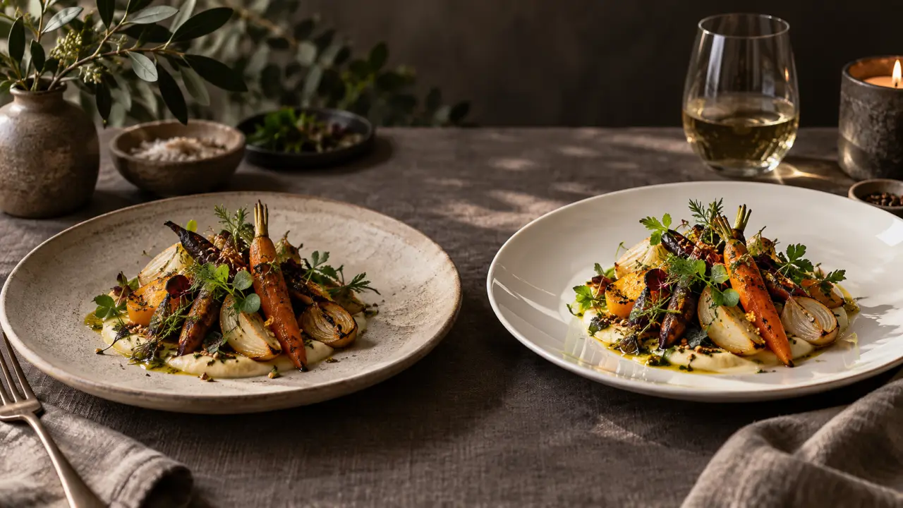 Assiette élégamment dressée sur une table sombre, entre vaisselle mate et détails brillants