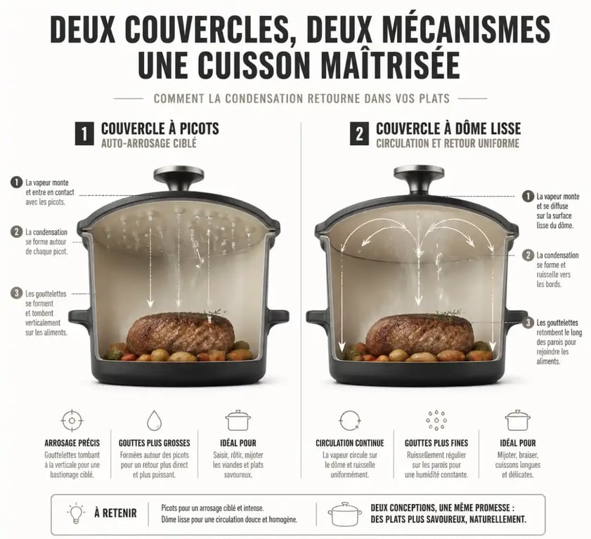 Comparaison technique du couvercle Staub à picots et du couvercle Le Creuset pour cocotte en fonte