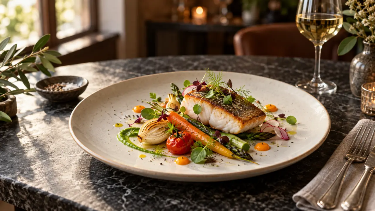Assiette élégamment dressée avec légumes colorés, sauce et herbes fraîches